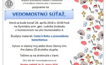 <s>28. apríla 2018 (sobota) – Vedomostná súťaž v Humennom – uskutočnilo sa 22.9.2018</s>